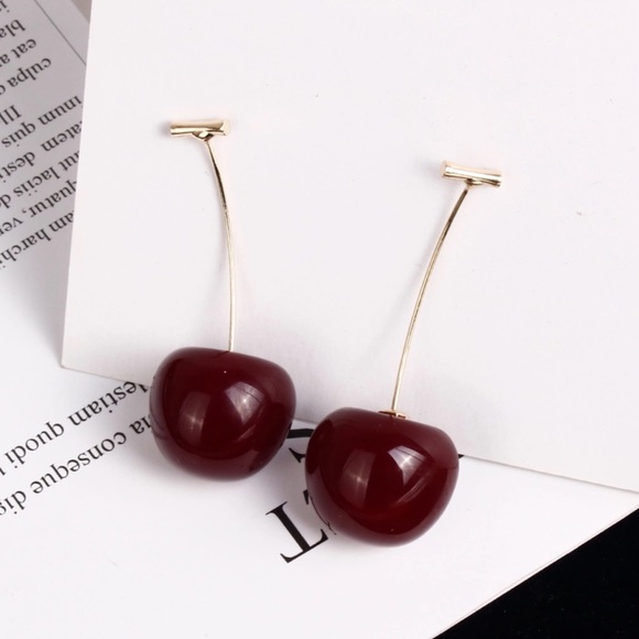Cherie cherry dangle earrings dark red and gold cute clever modern design - Picture 3 of 4